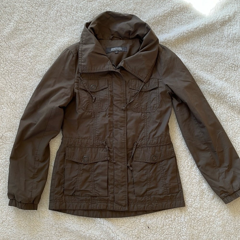 Kenneth Cole grey zip up tie waist button jacket